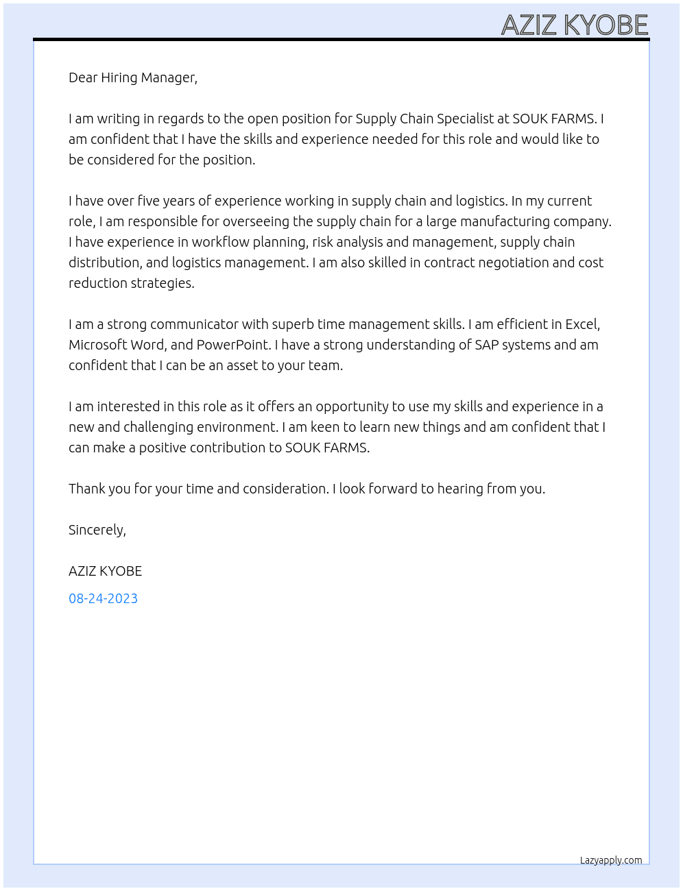 Supply Chain Specialist At SOUK FARMS Cover Letter