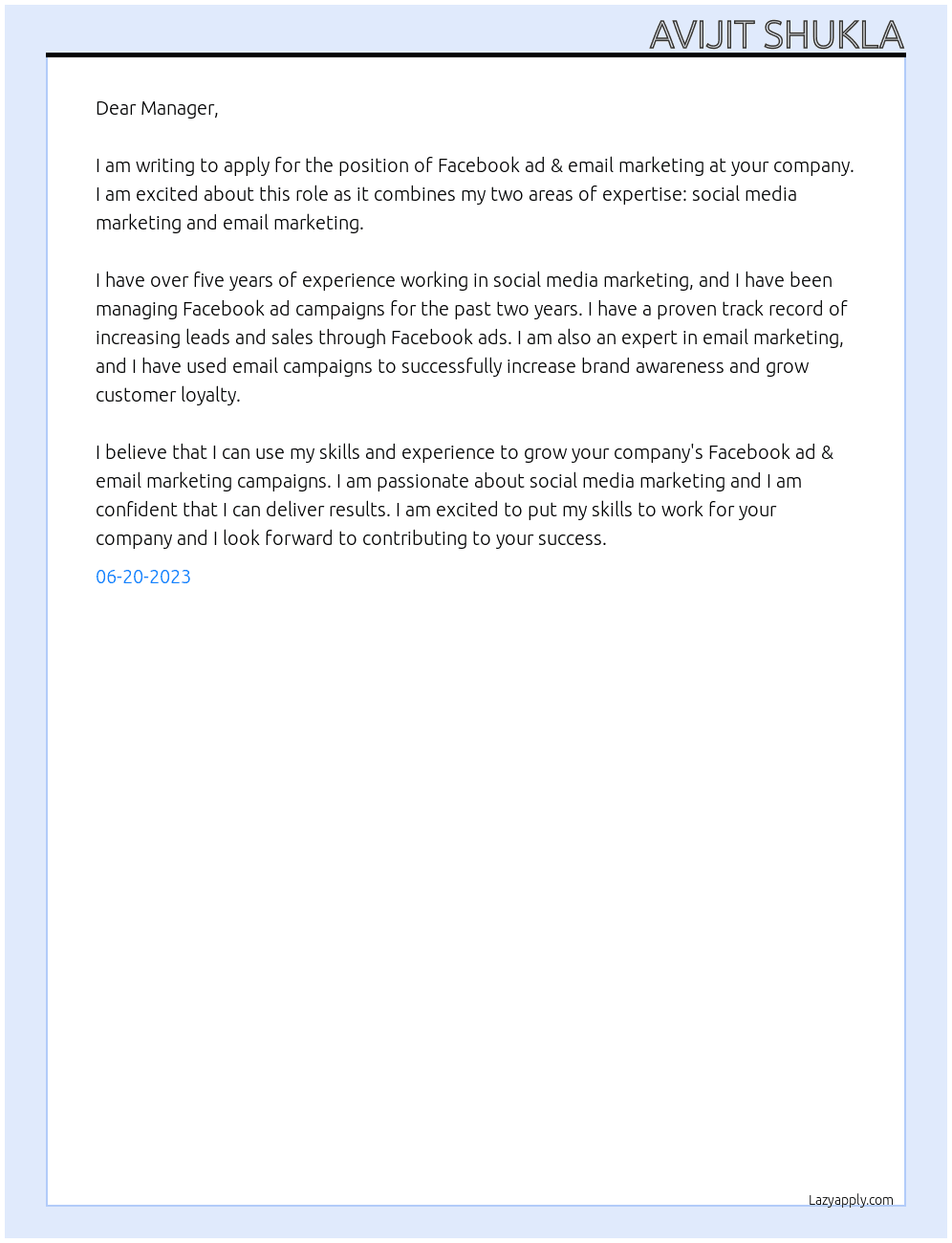 Facebook ad & email marketing At Manager Cover Letter