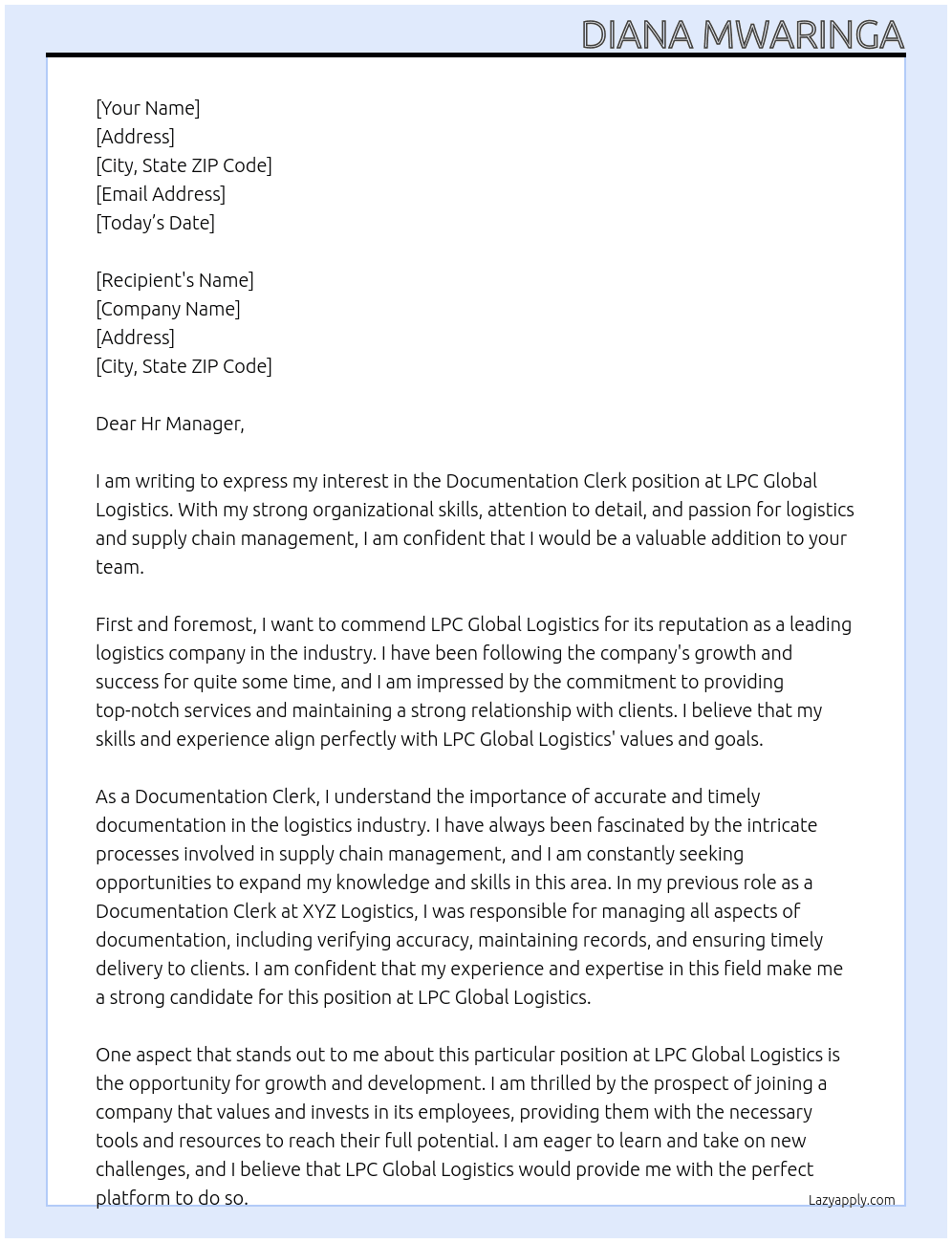 Documentation Clerk At LPC Global Logistics Cover Letter