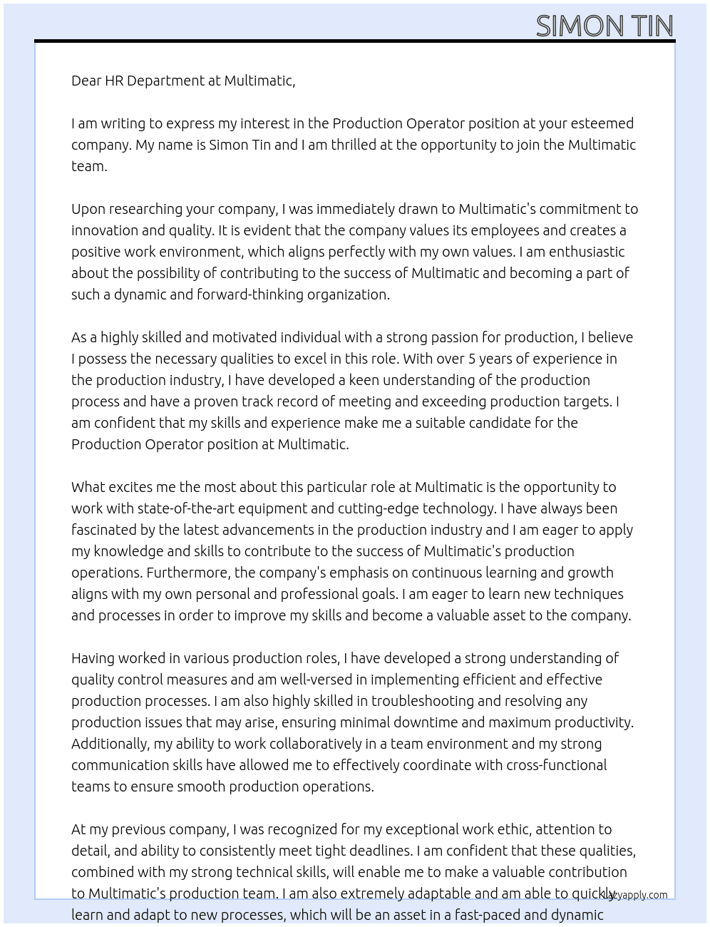 Production Operator At Multimatic Cover Letter