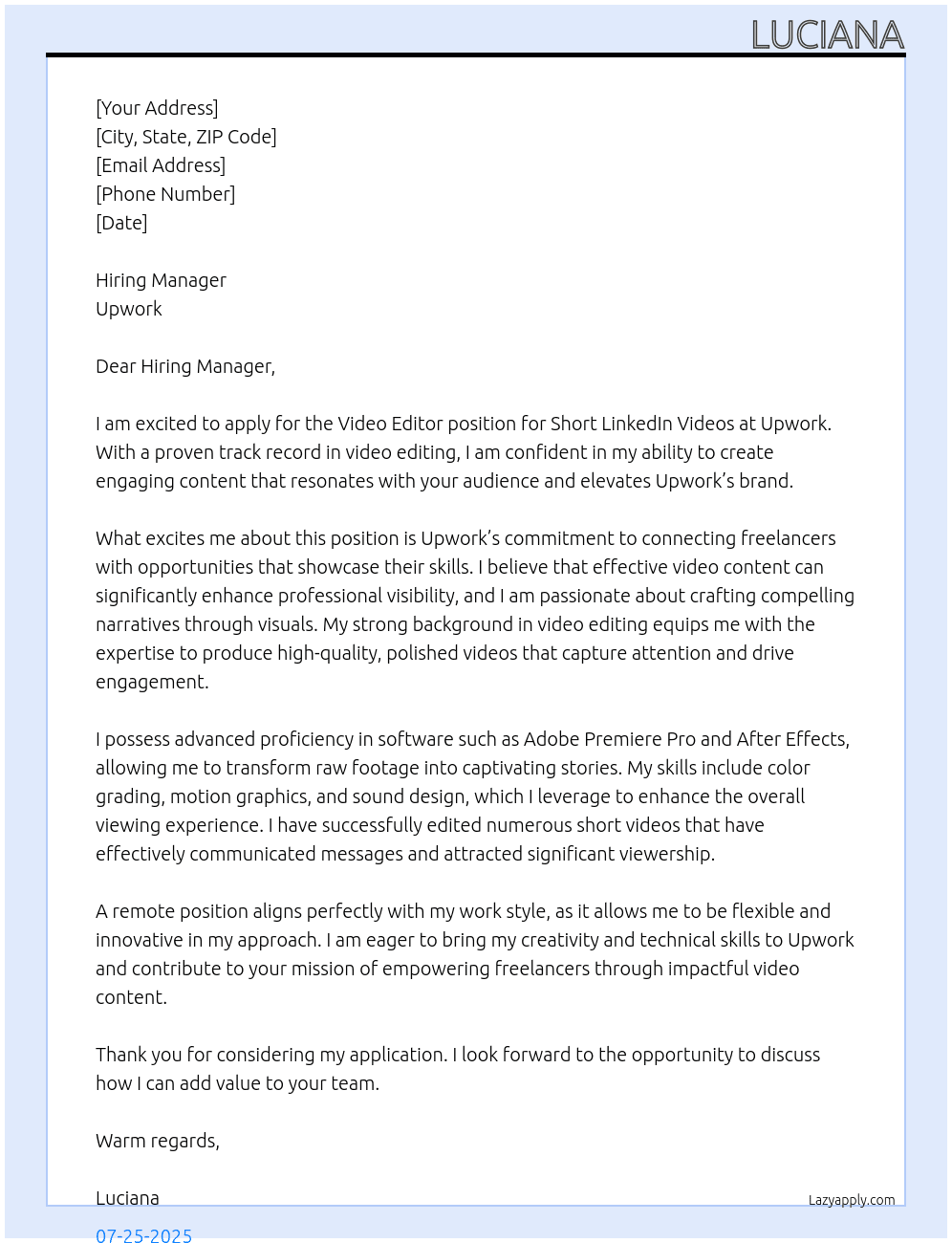 Cover letter for video editor for short linkedin videos - LazyApply