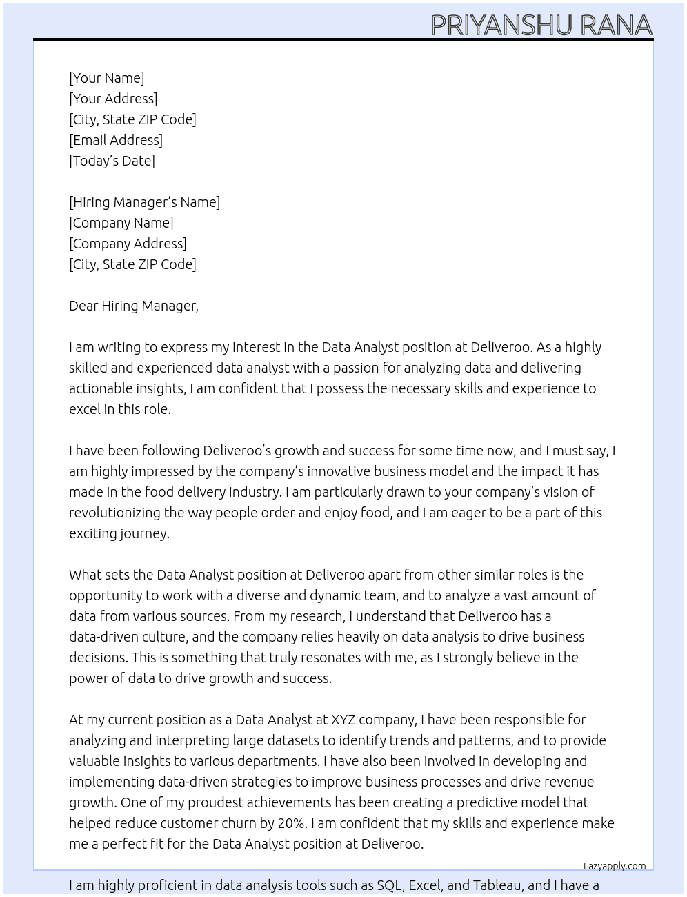 Data Analyst At Deliveroo Cover Letter