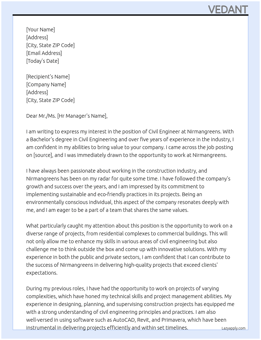 Civil engineer  At Nirmangreens Cover Letter