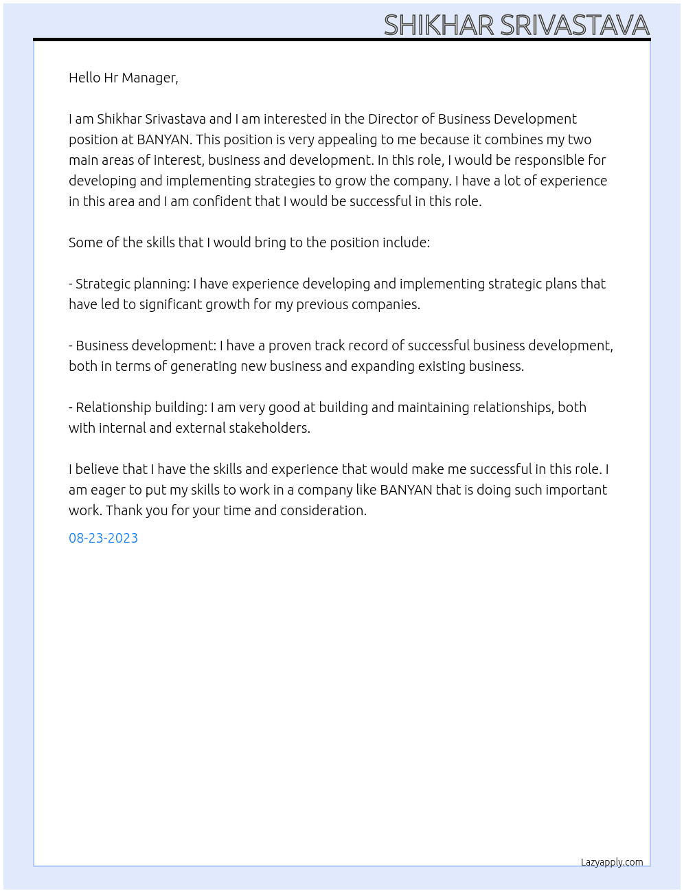 Director of business development  At BANYAN Cover Letter