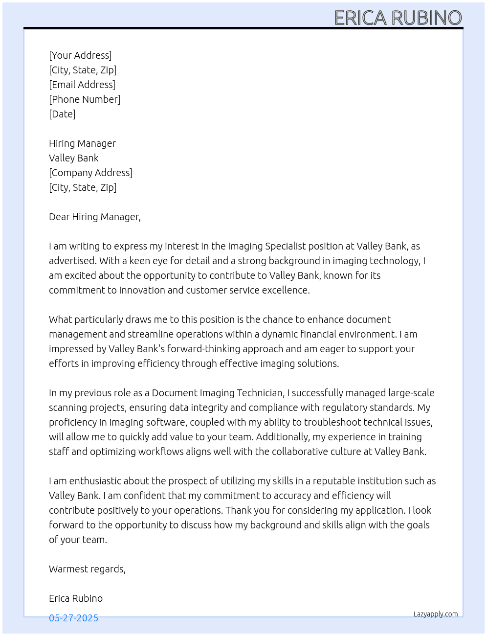 Cover letter for imaging specialist - LazyApply
