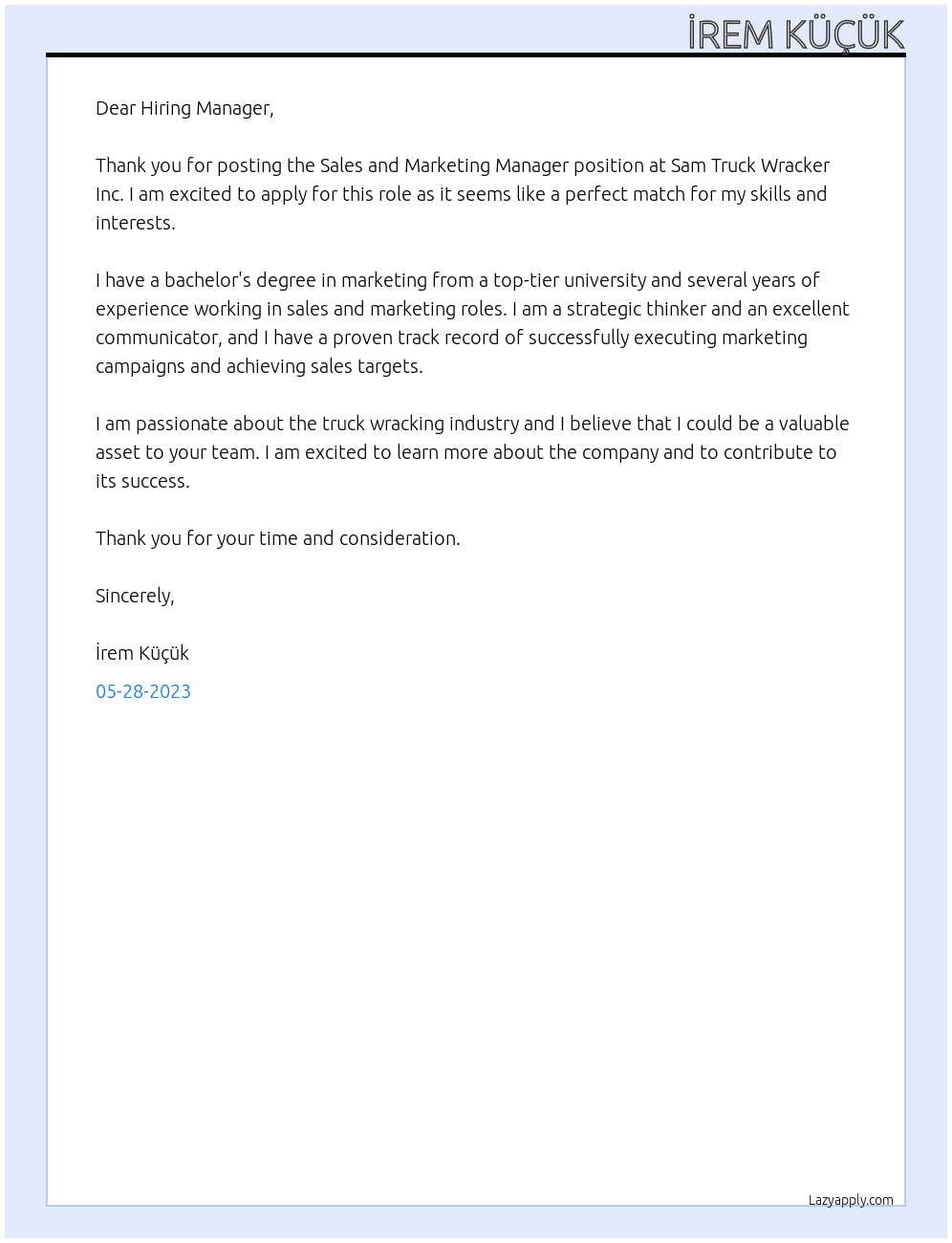 Sales and marketing manager At Sam Truck Wracker Inc Cover Letter