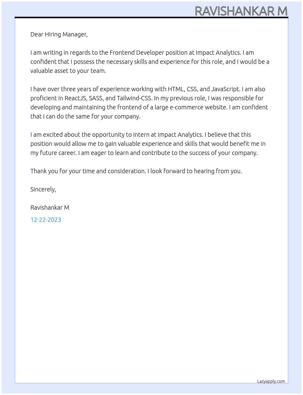 Frontend Developer  At Impact Analytics  Cover Letter