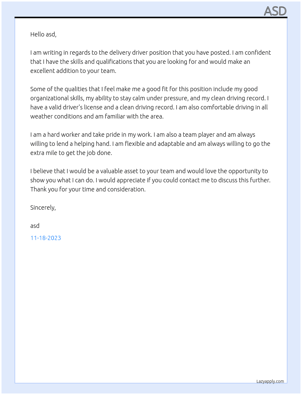 Delivery driver At asd Cover Letter