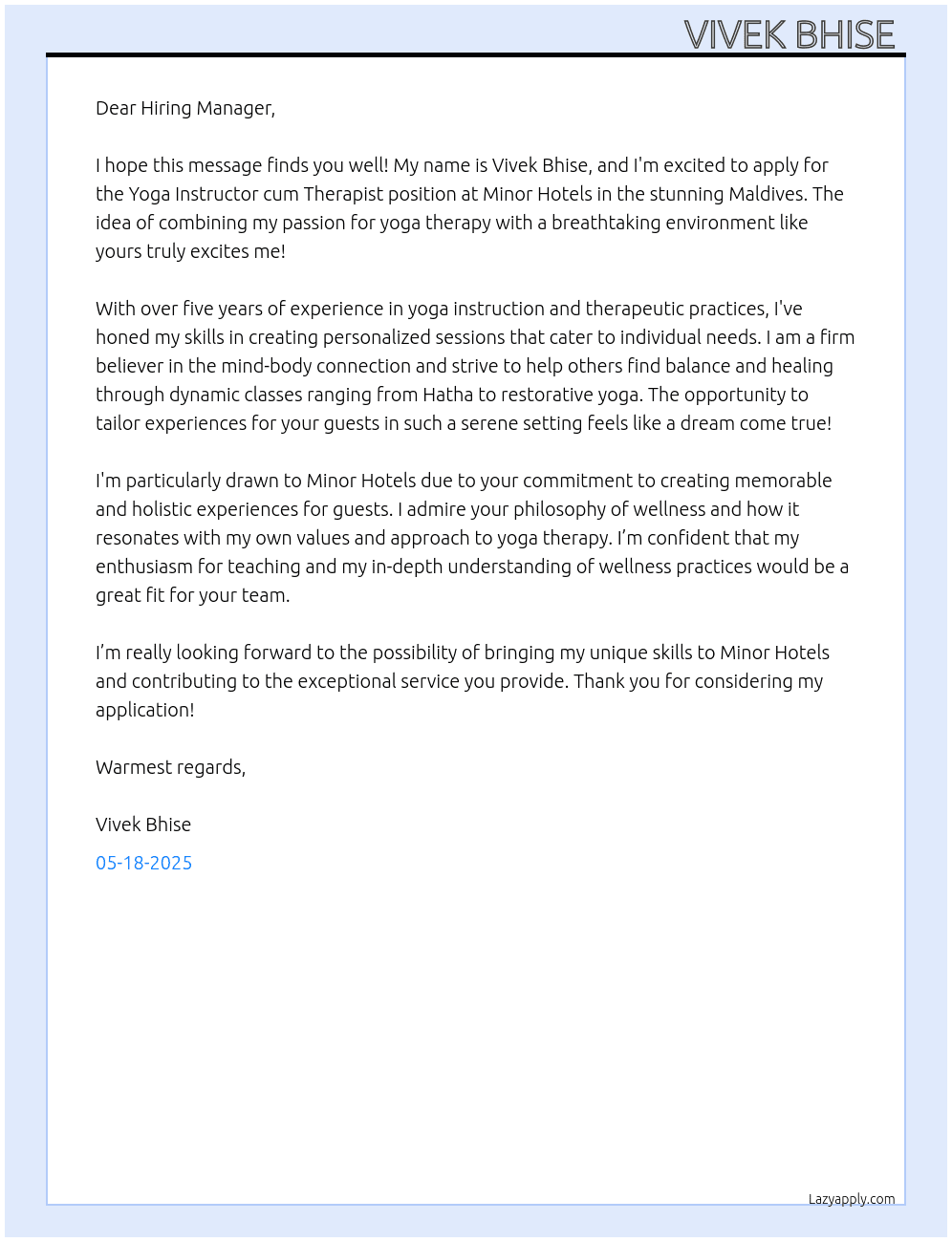 Yoga Instructor cum Therapist  At Minor Hotels, Maldives Cover Letter