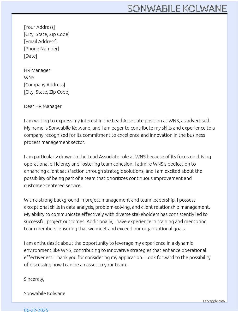 lead associate  At WNS Cover Letter