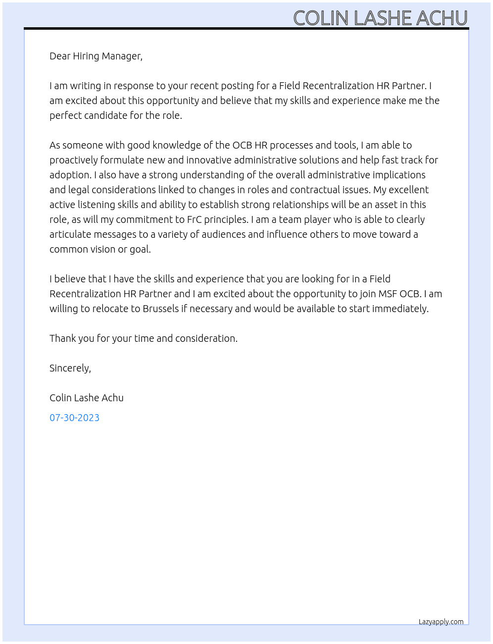 FIELD RECENTRALIZATION HR PARTNER At MSF OCB Cover Letter