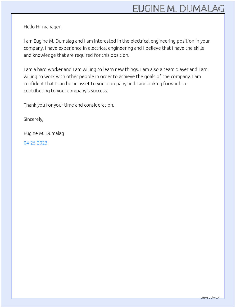 Electrical Engineering At Meralco Company Cover Letter
