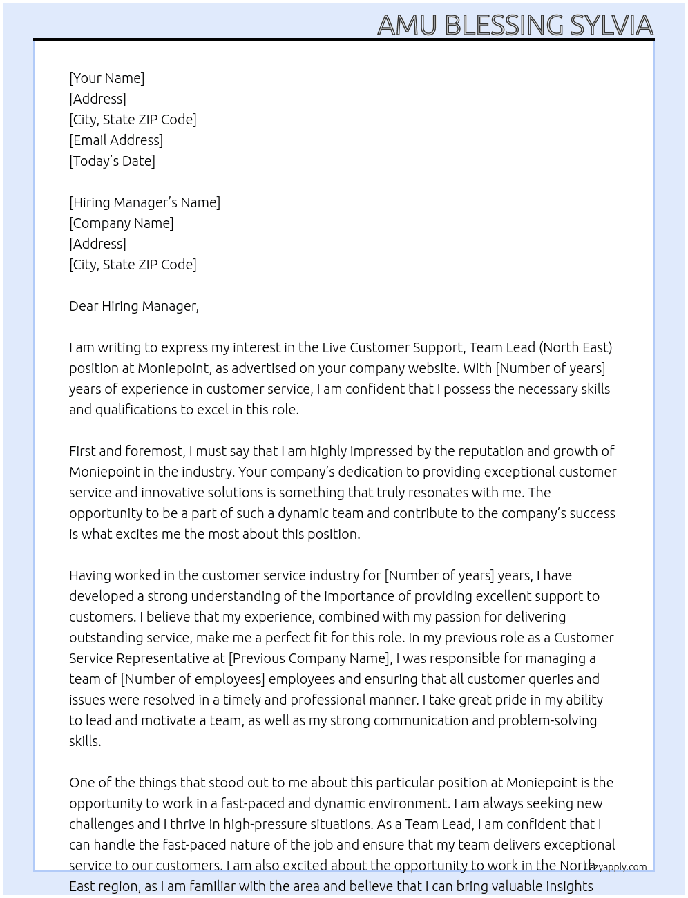 Live Customer Support, Team Lead (North East) At Moniepoint Cover Letter