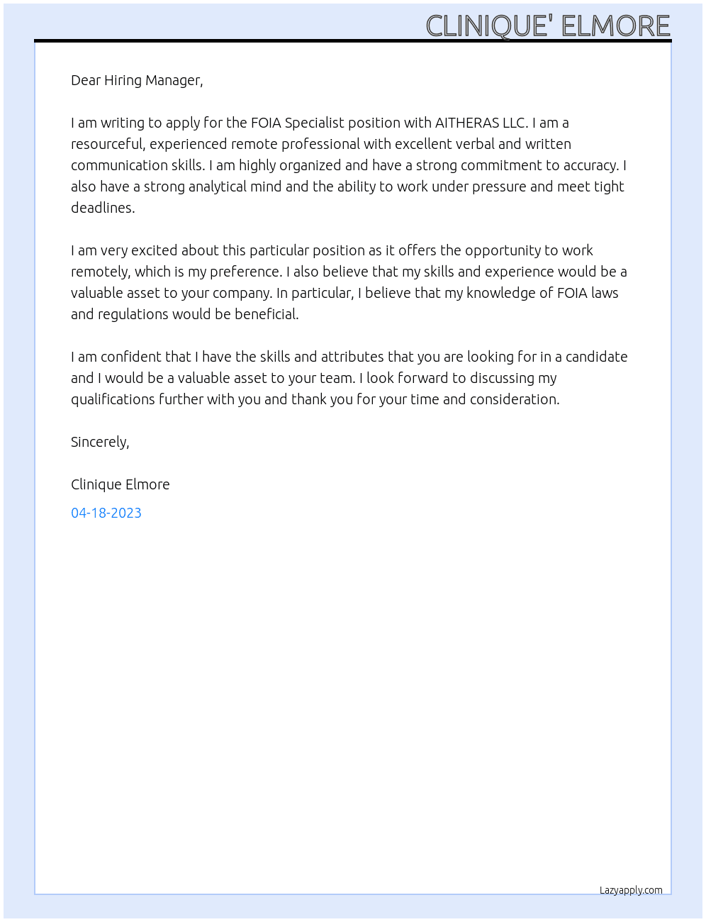 FOIA Specialist At AITHERAS LLC Cover Letter