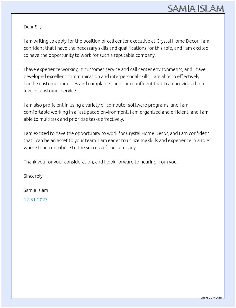 call center executive At Crystal Home Decor Cover Letter
