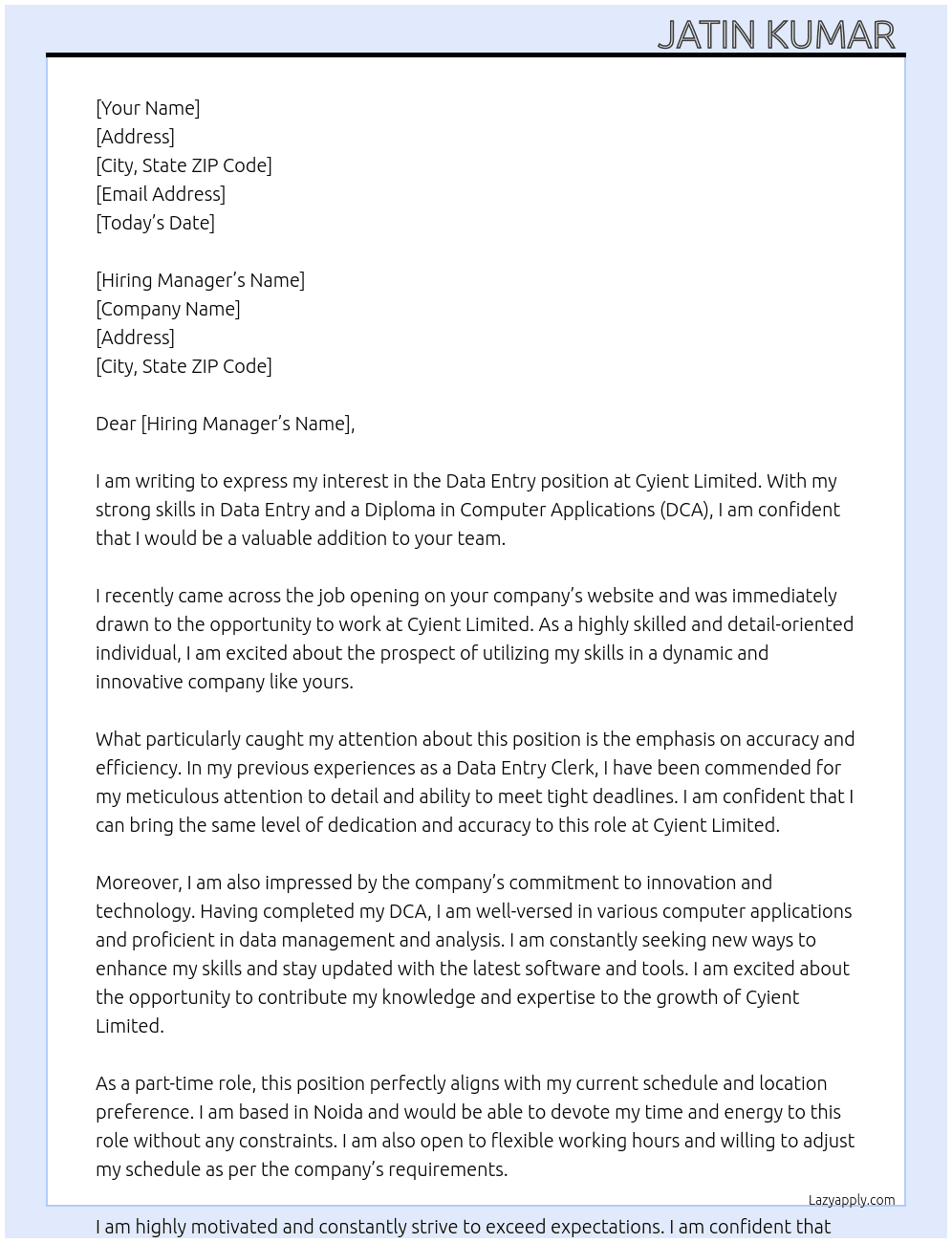 Data entry  At Cyient limited  Cover Letter