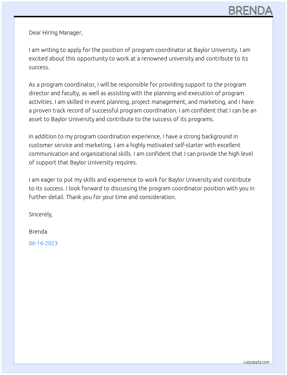 program coordinatior At baylor university Cover Letter