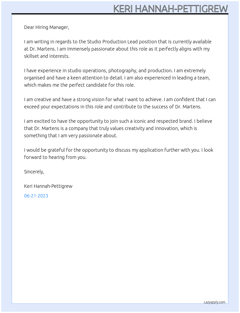 Studio Production Lead At Dr Martens Cover Letter