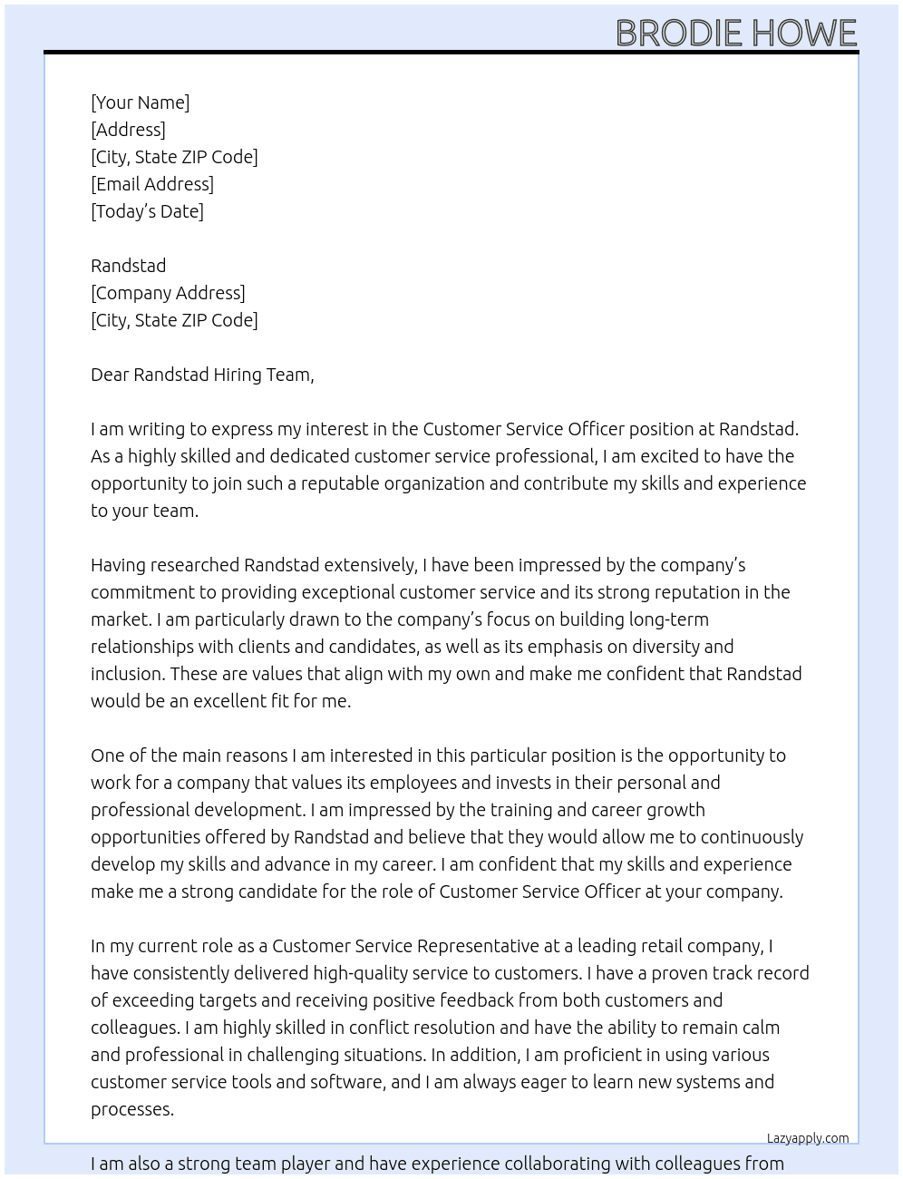 Customer Service Officer At Randstad  Cover Letter