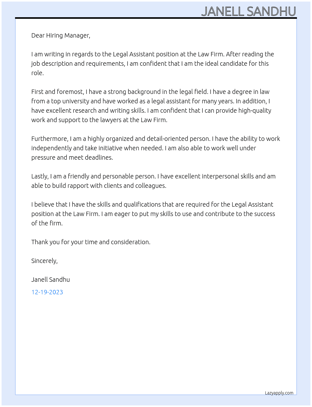 Legal Assistant At Law Firm Cover Letter