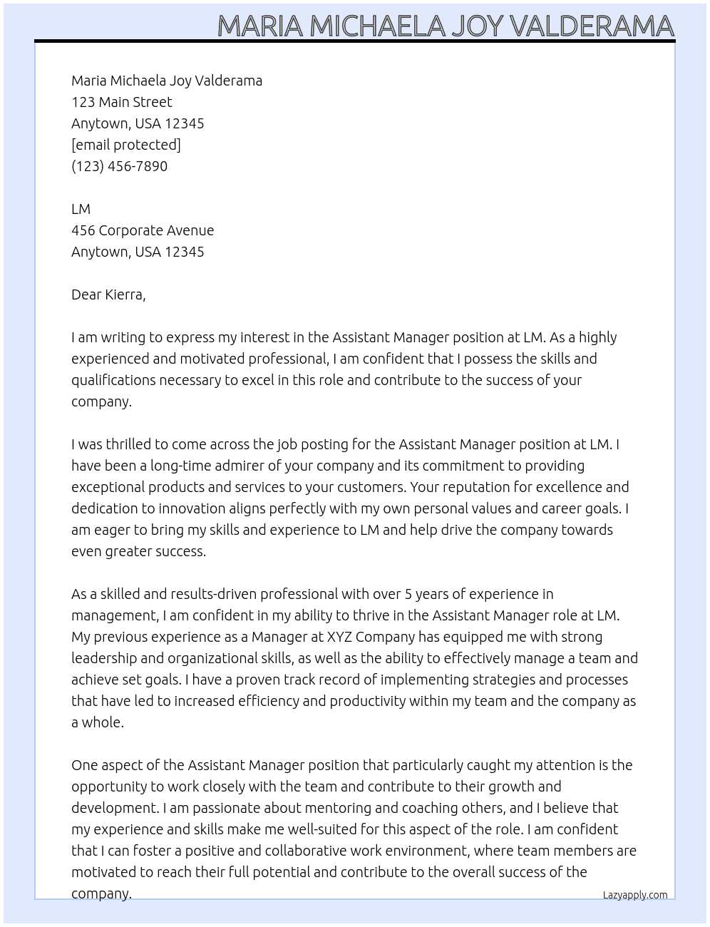 Assistant Manager At LM Cover Letter