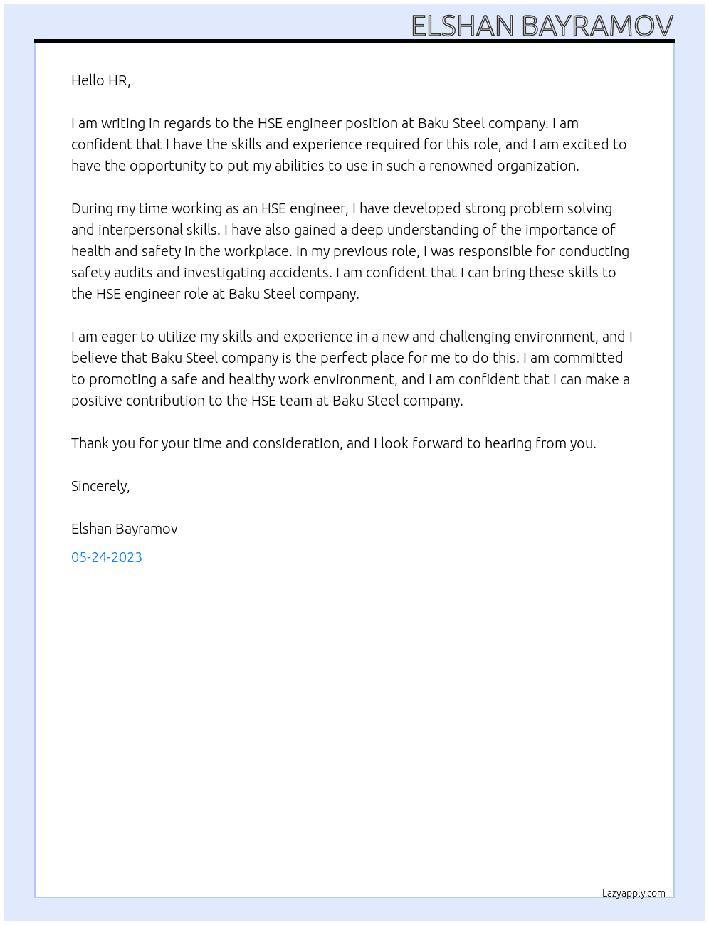 HSE engineer At Baku Steel company Cover Letter