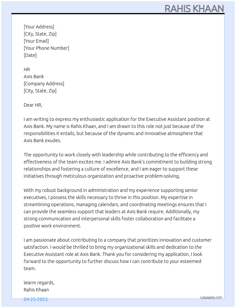 Executive Assistant At Axis Bank Cover Letter