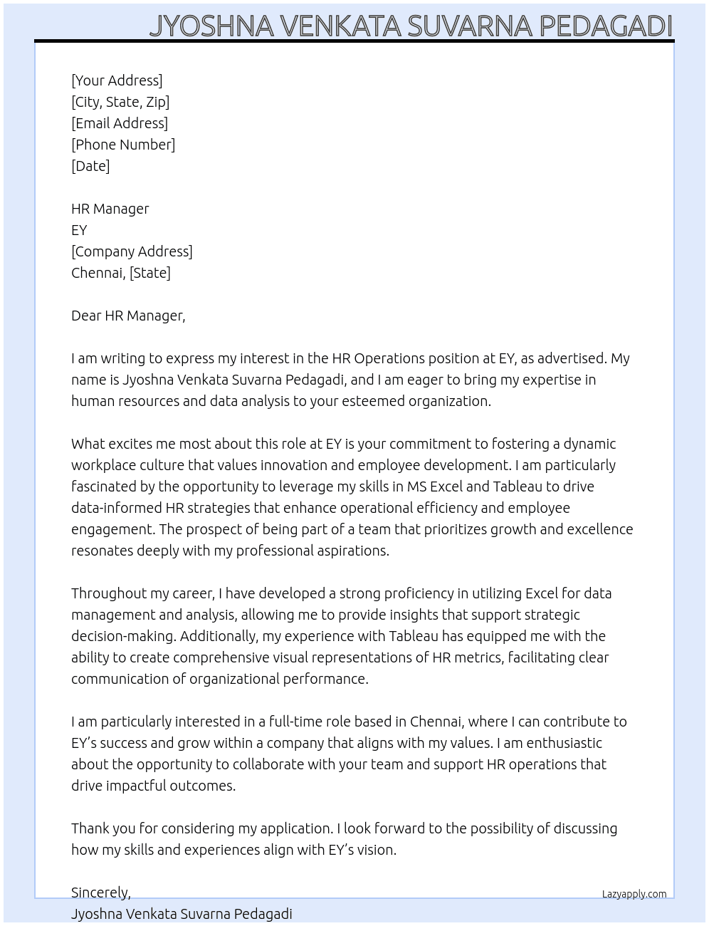 Cover letter for hr operations - LazyApply