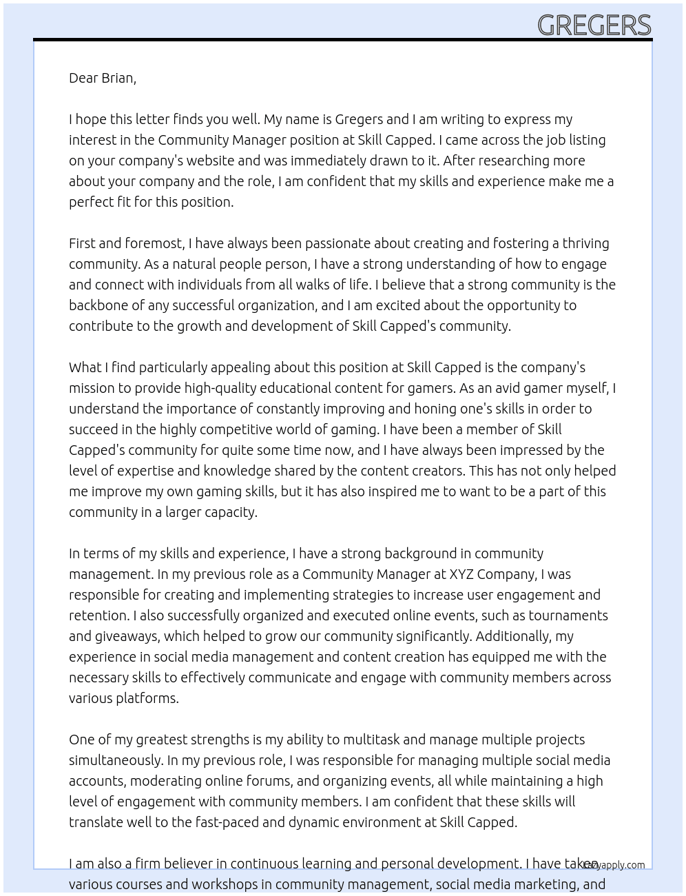 Community manager At Skill Capped Cover Letter