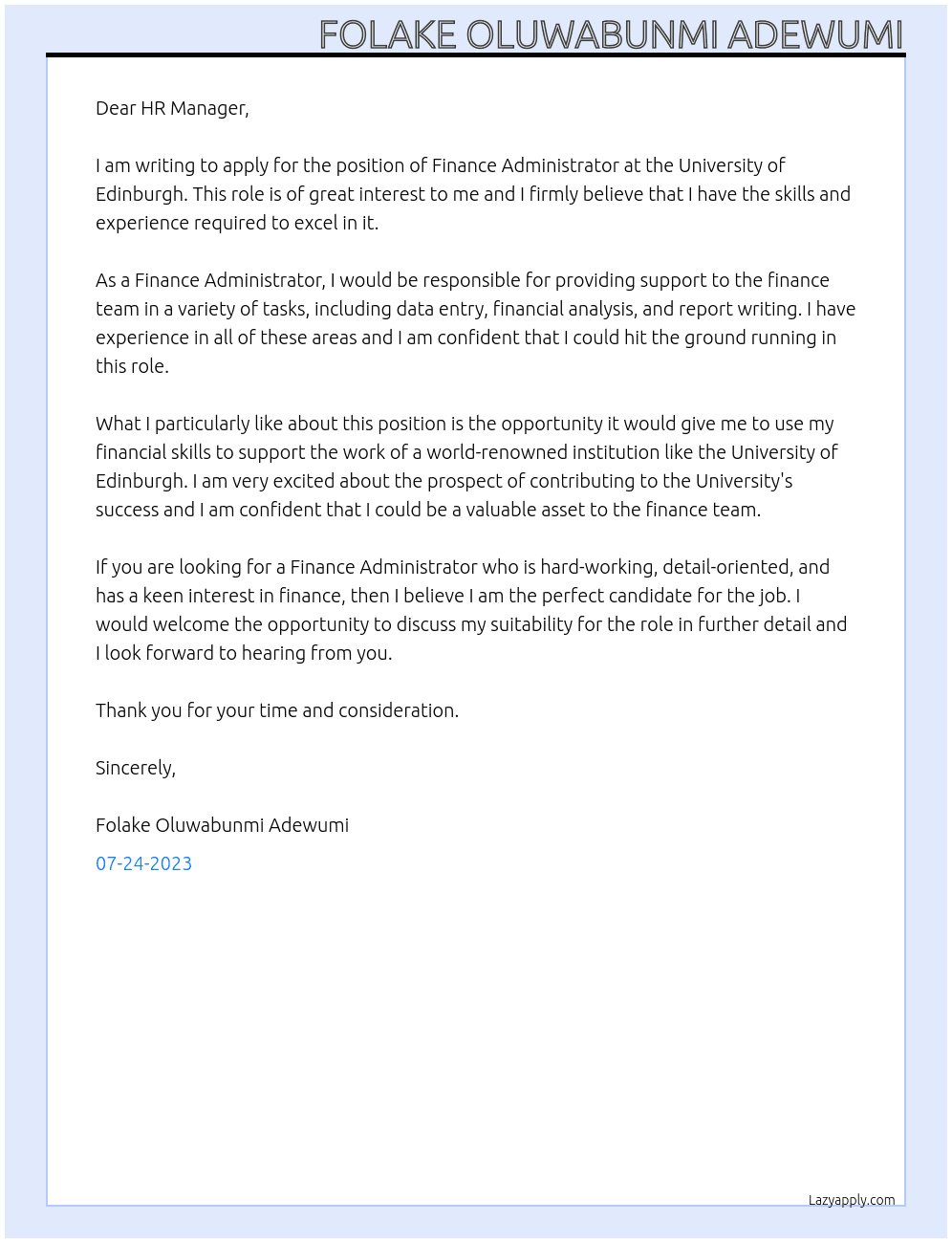 Finance Administrator At University of Edinburgh Cover Letter