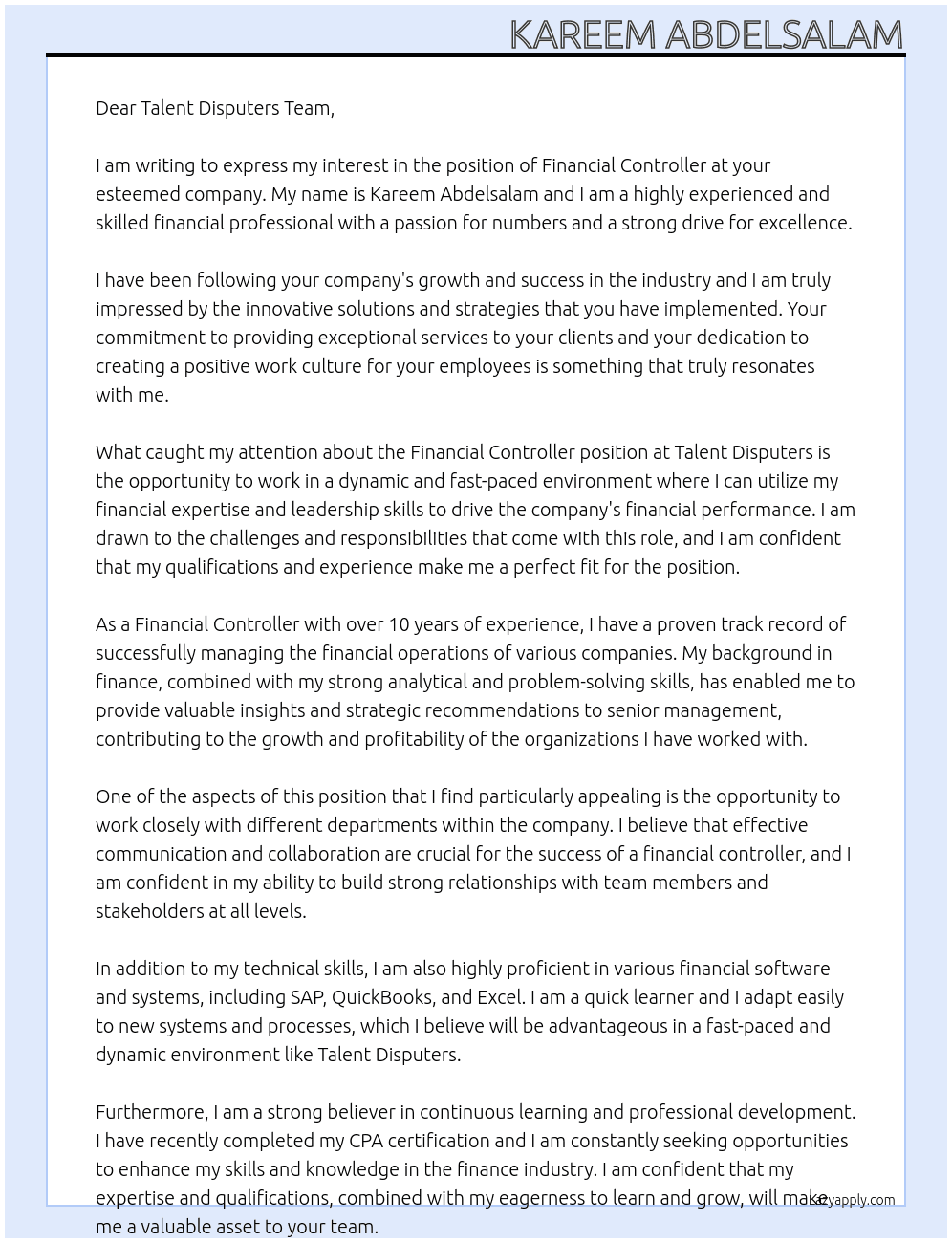 Financial Controller At Talent Disputers Cover Letter