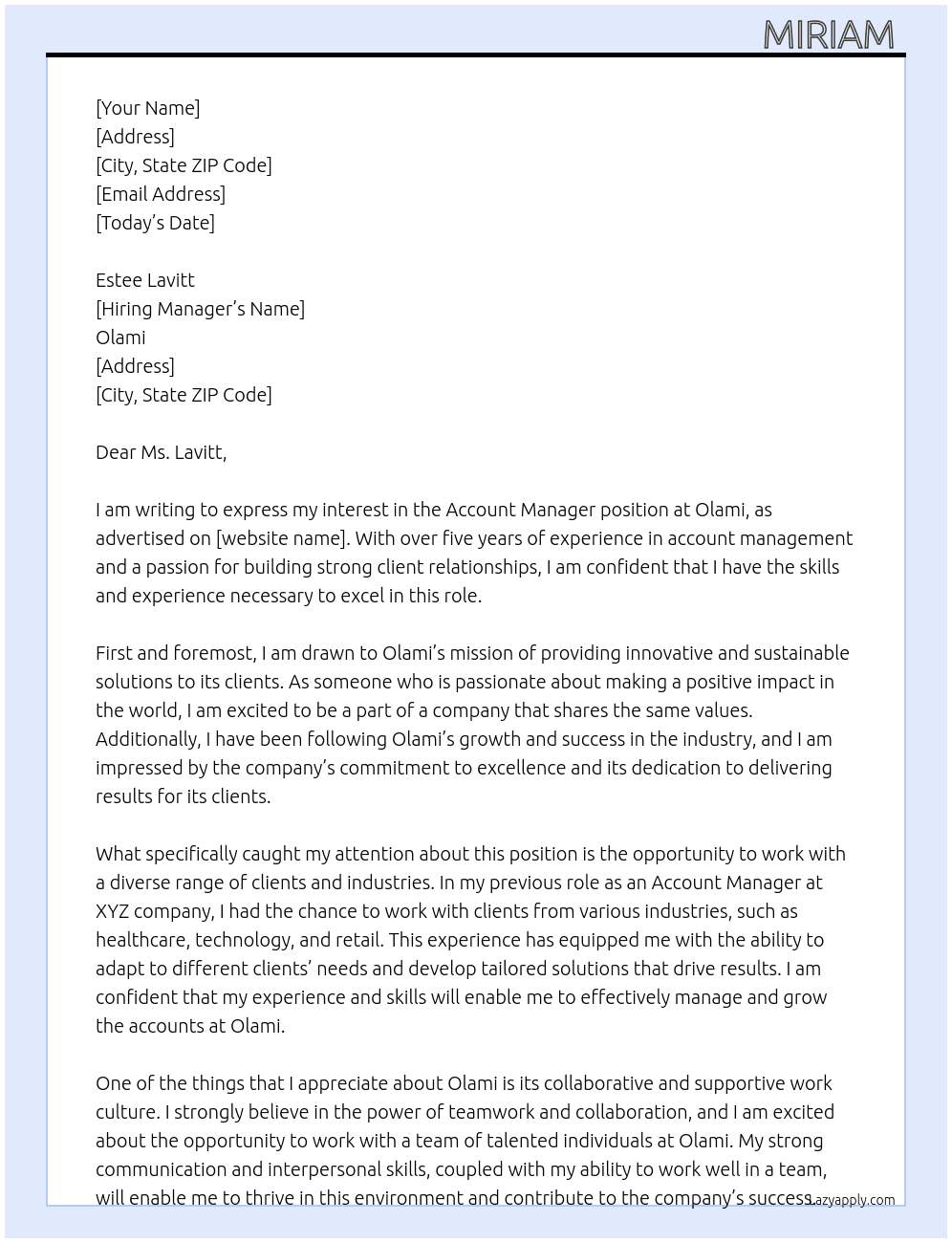 Account Manager At Olami Cover Letter