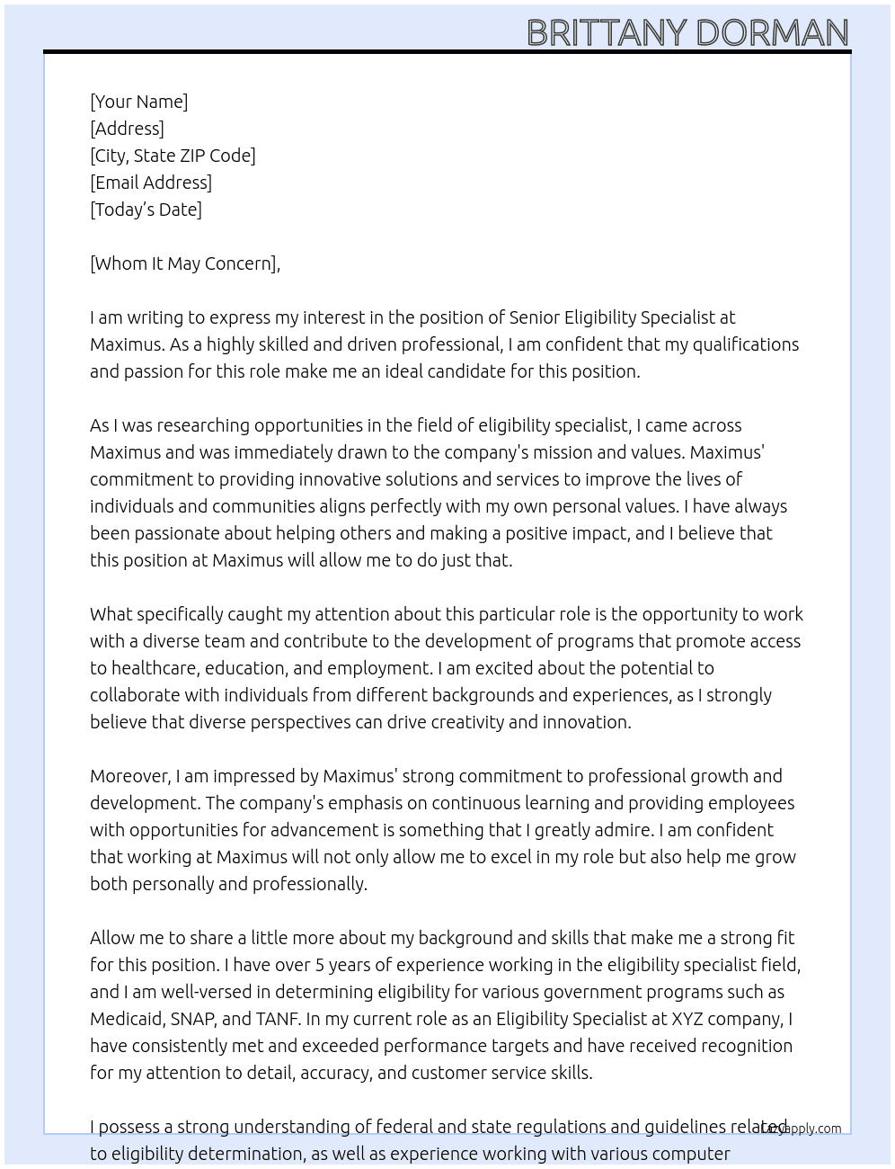 Senior Eligibility Specialist  At Maximus Cover Letter
