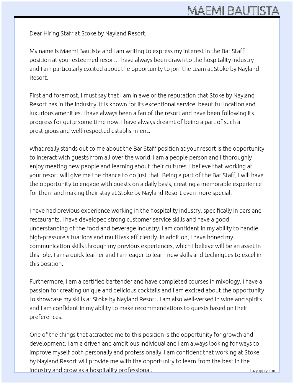 Bar Staff At Stoke by Nayland Resort Cover Letter