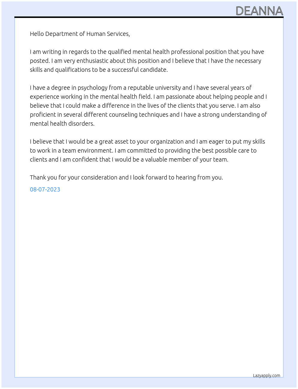 Qualified mental health proffesional At Department of Human Services Cover Letter