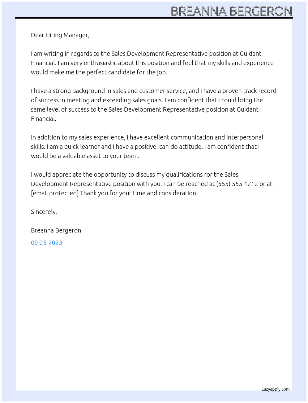 Sales Development Representative At Guidant Financial Cover Letter