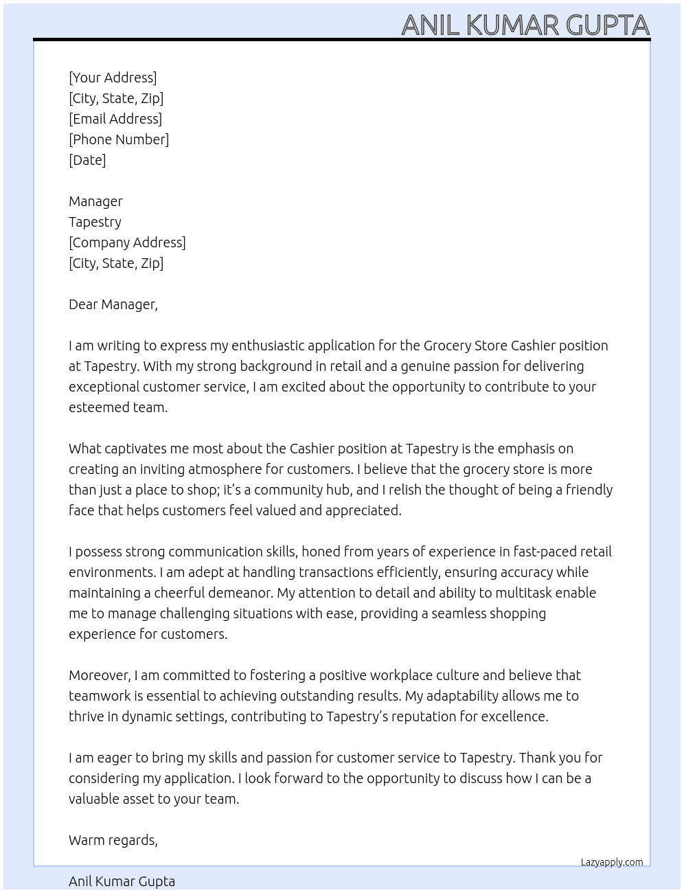 Grocery Store Cashier At Tapestry Cover Letter