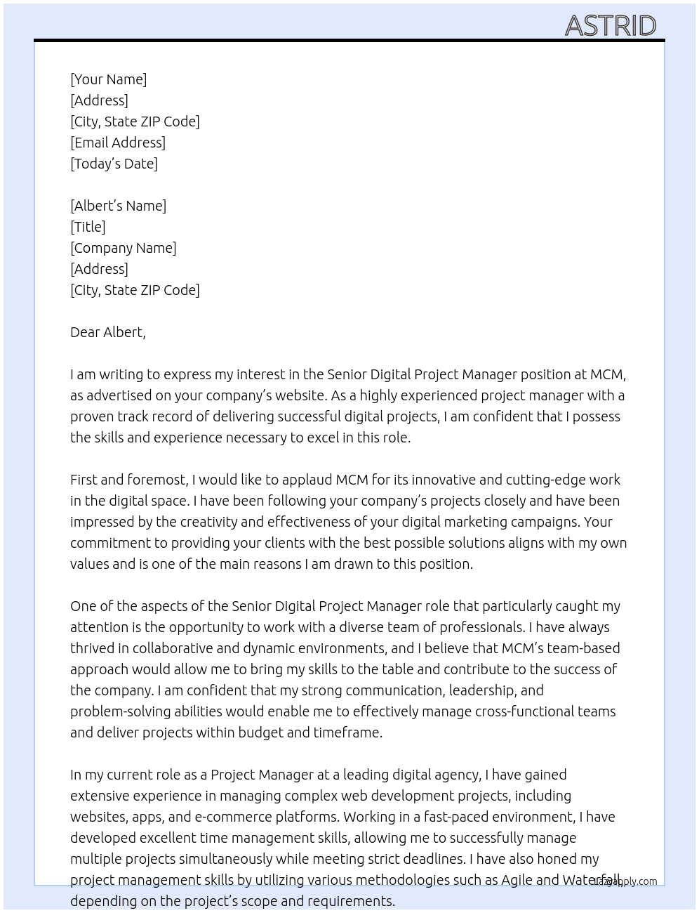 Senior Digital Project Manager At MCM Cover Letter
