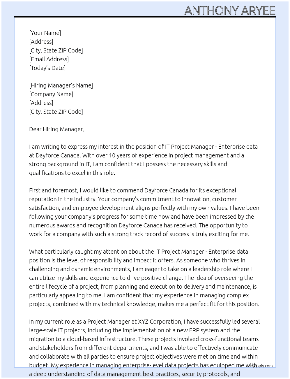 IT Project Manager- Enterprise data At Dayforce Canda Cover Letter