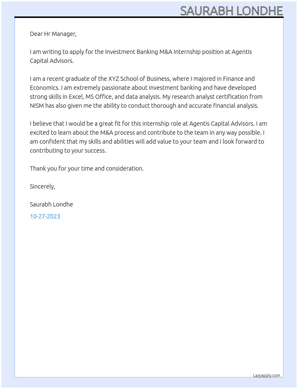 Investment Banking M&A Internship At Agentis Capital Advisors Cover Letter