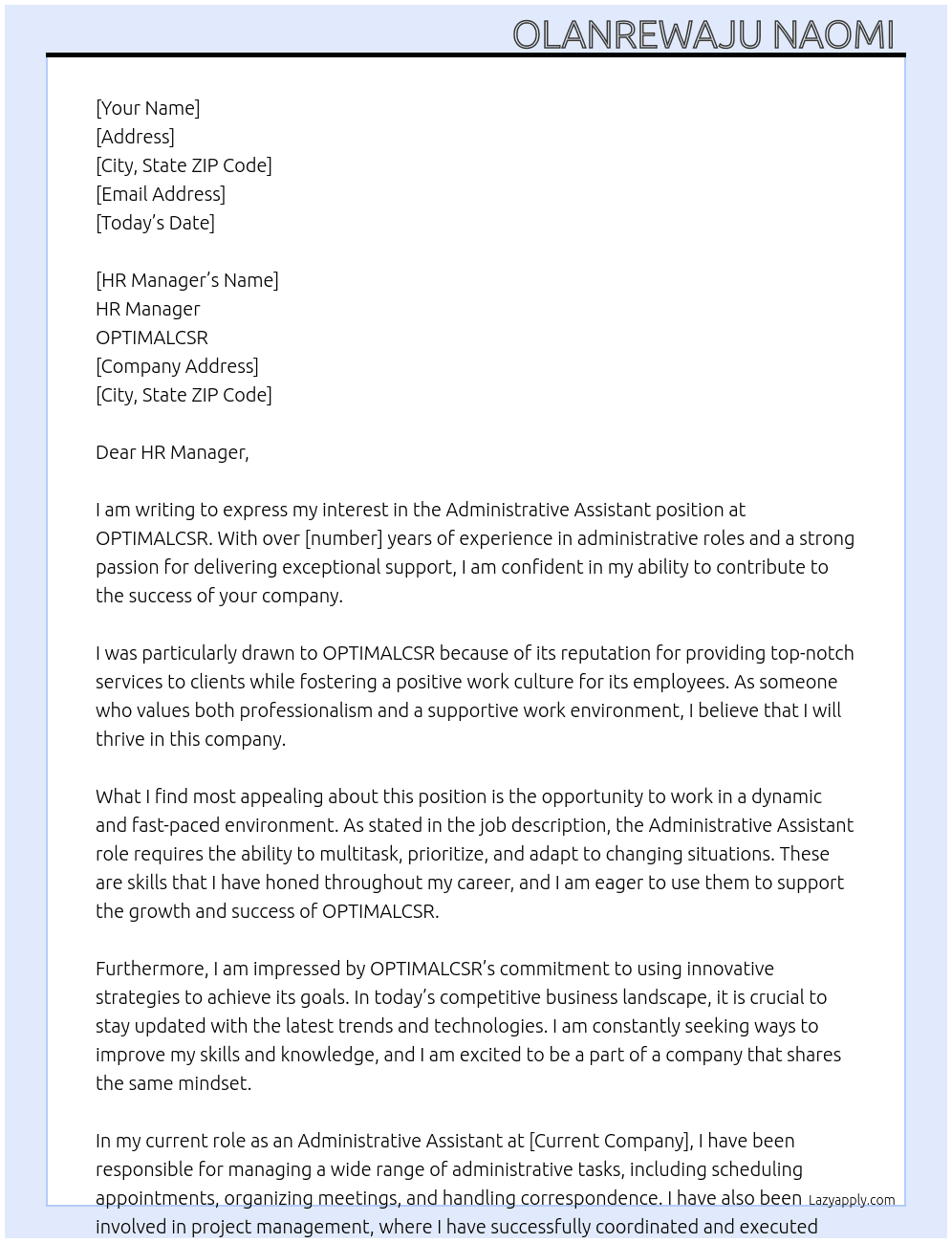 Administrative Assistant  At OPTIMALCSR Cover Letter