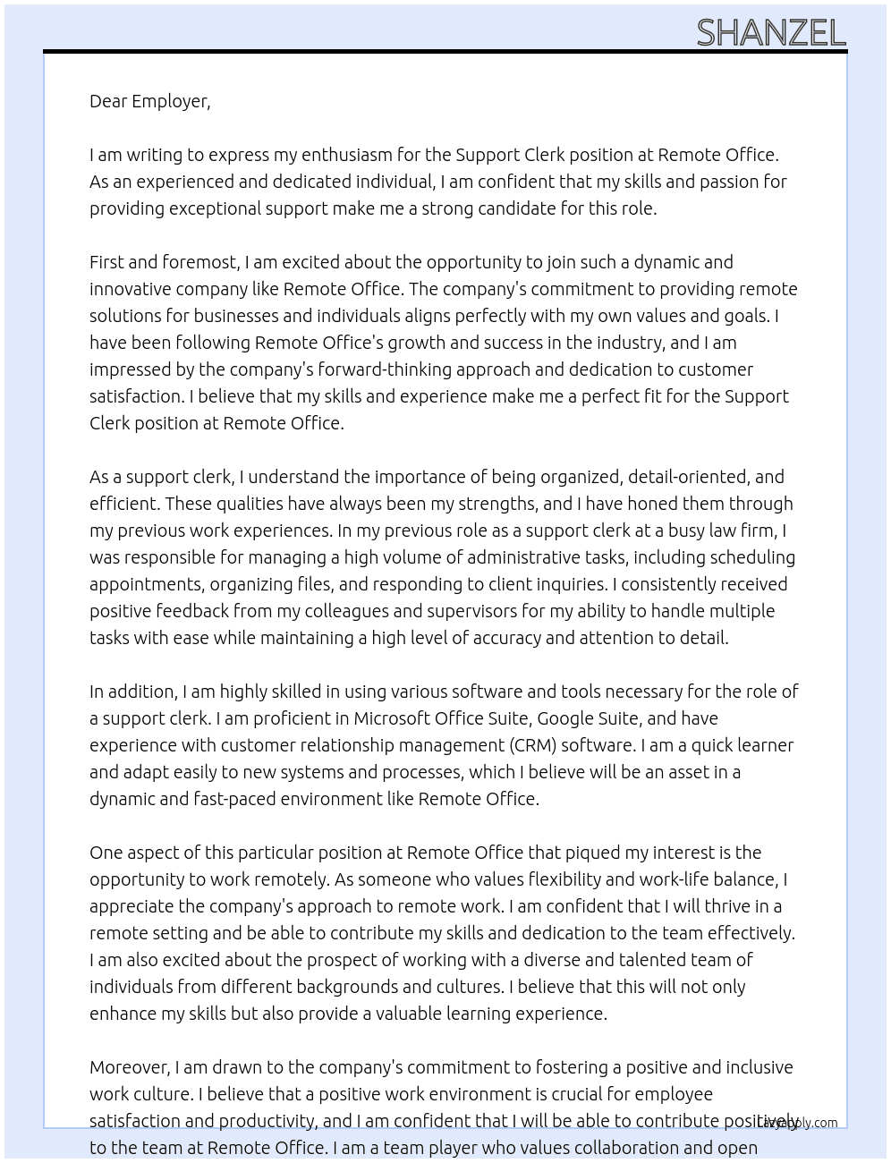 Support clerk At Remote office  Cover Letter