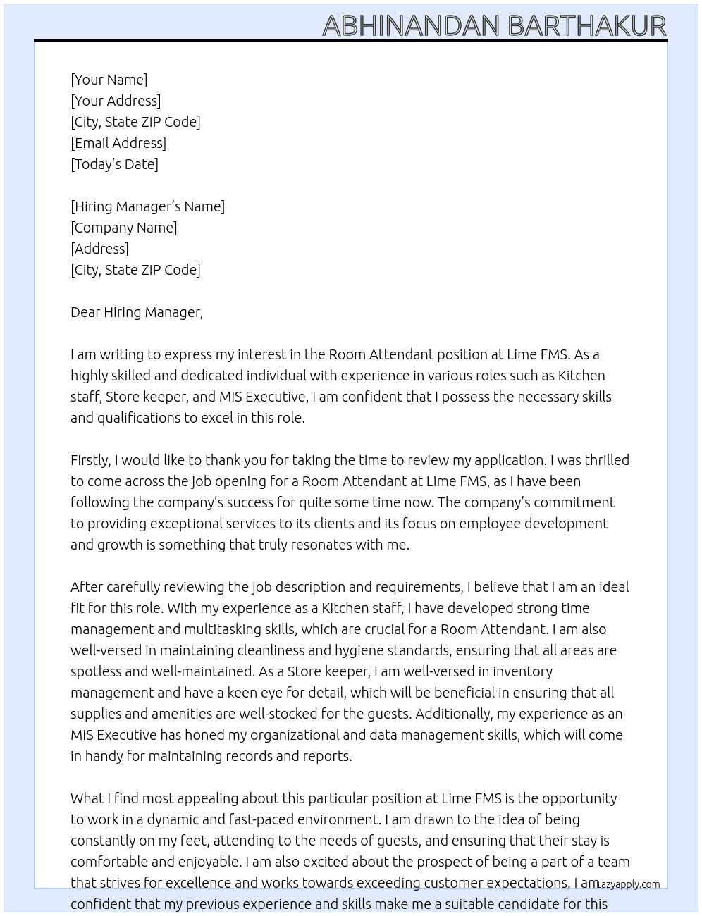 Room Attendant At Lime FMS  Cover Letter