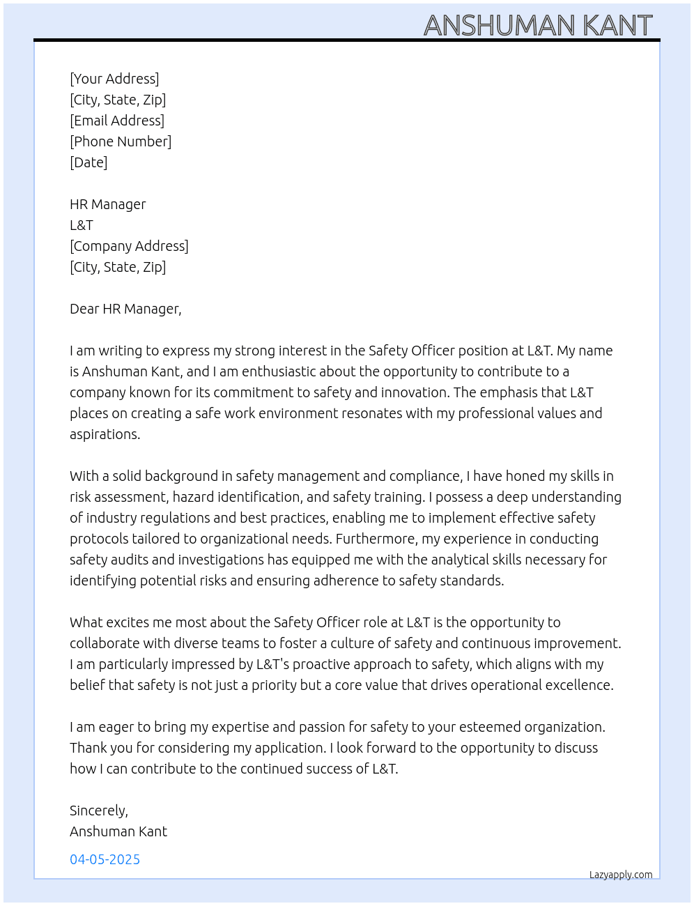 Sefty officer  At L&t Cover Letter