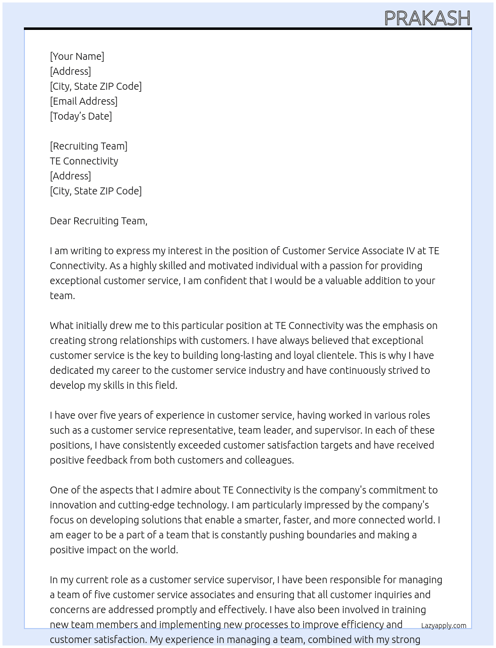 CUSTOMER SERVICE ASSOCIATE IV At TE Connectivity Cover Letter