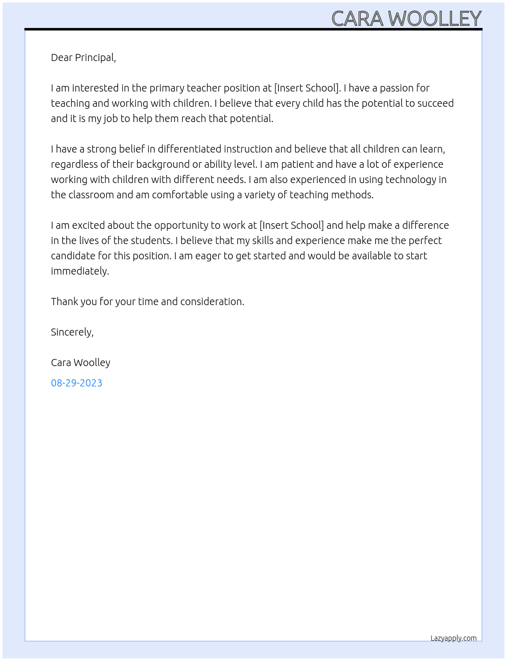 Primary Teacher At [Insert School] Cover Letter