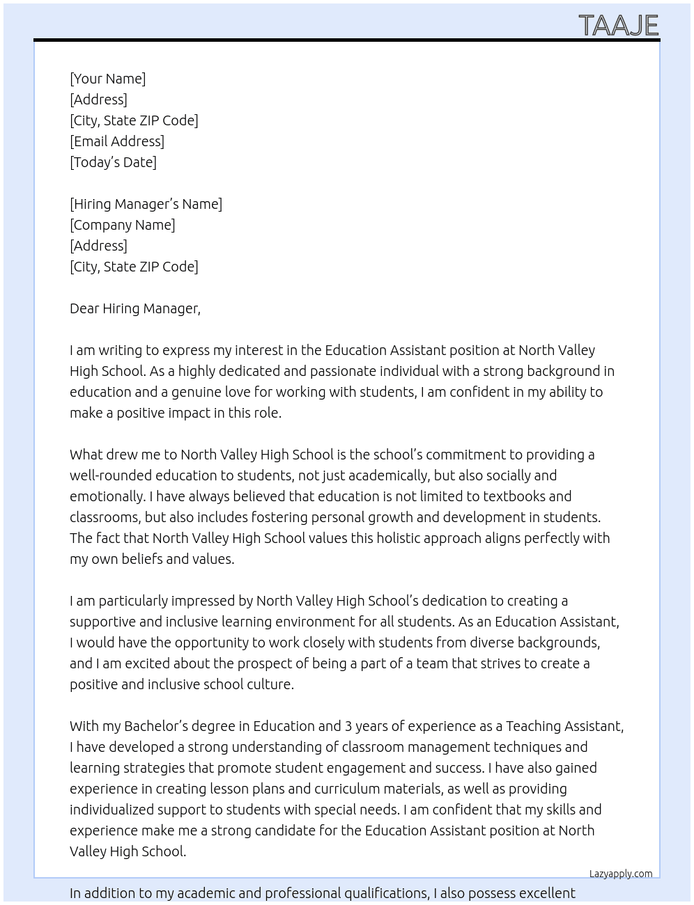 Education Assistant At North Valley High School Cover Letter