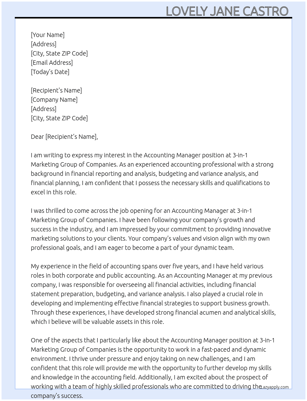 Accounting manager  At 3-in-1 Marketing Group of Companies  Cover Letter