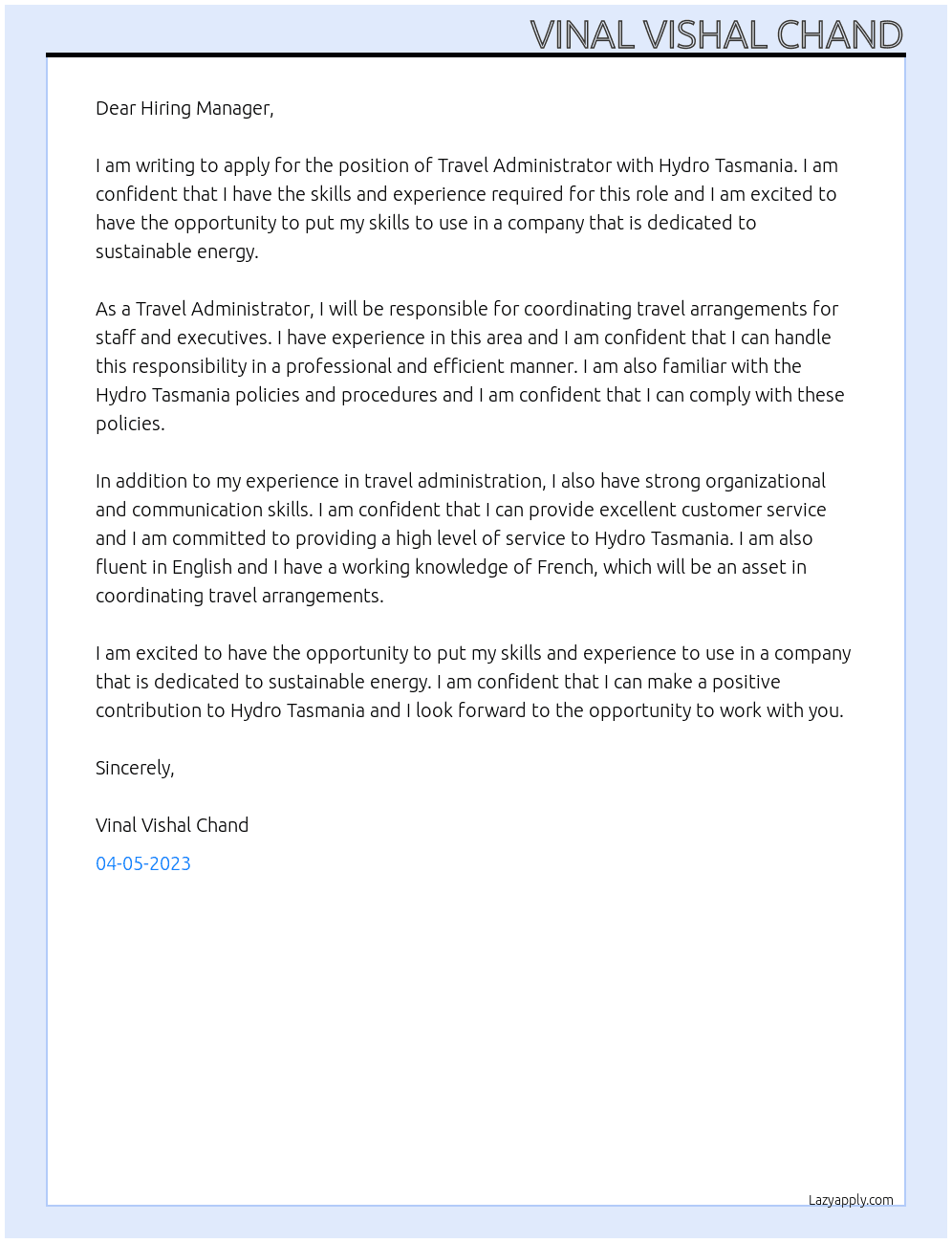 Travel Administrator At Hydro Tasmania Cover Letter