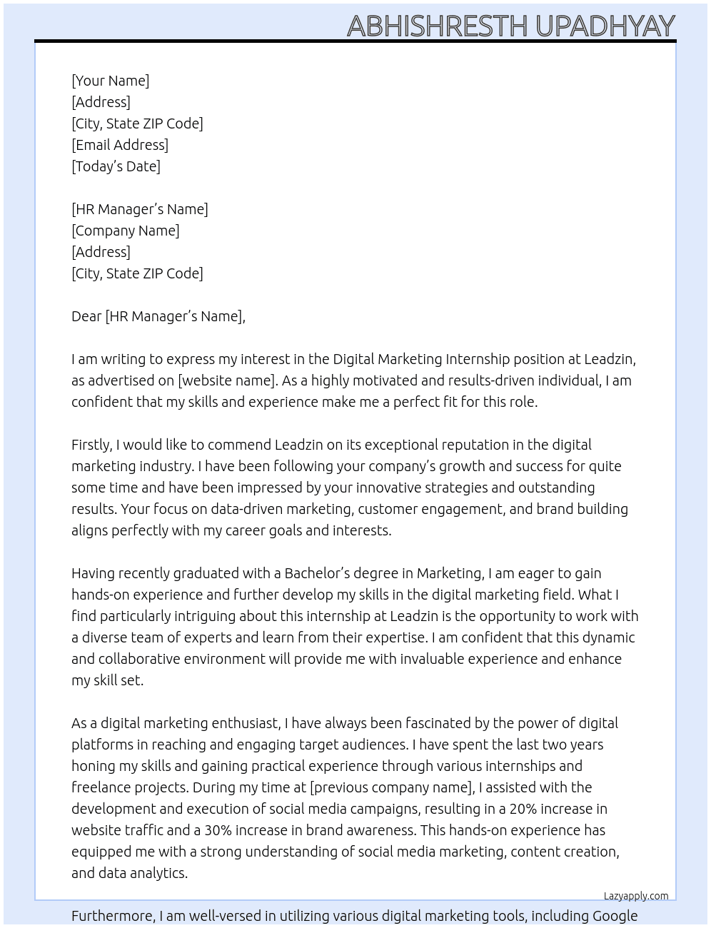 Digital marketing internship At Leadzin Cover Letter
